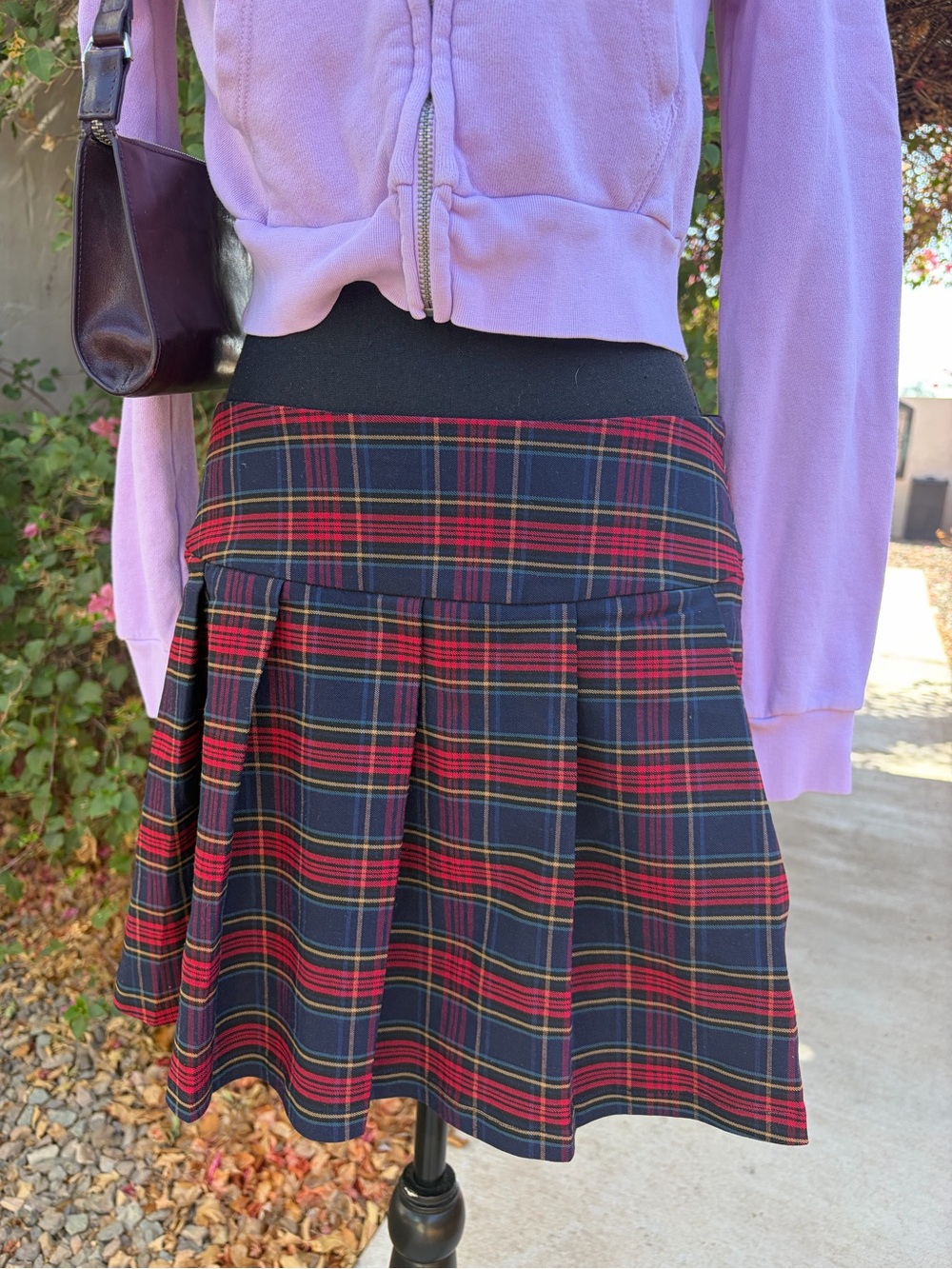 Mango Red and Navy Plaid Pleated Skirt